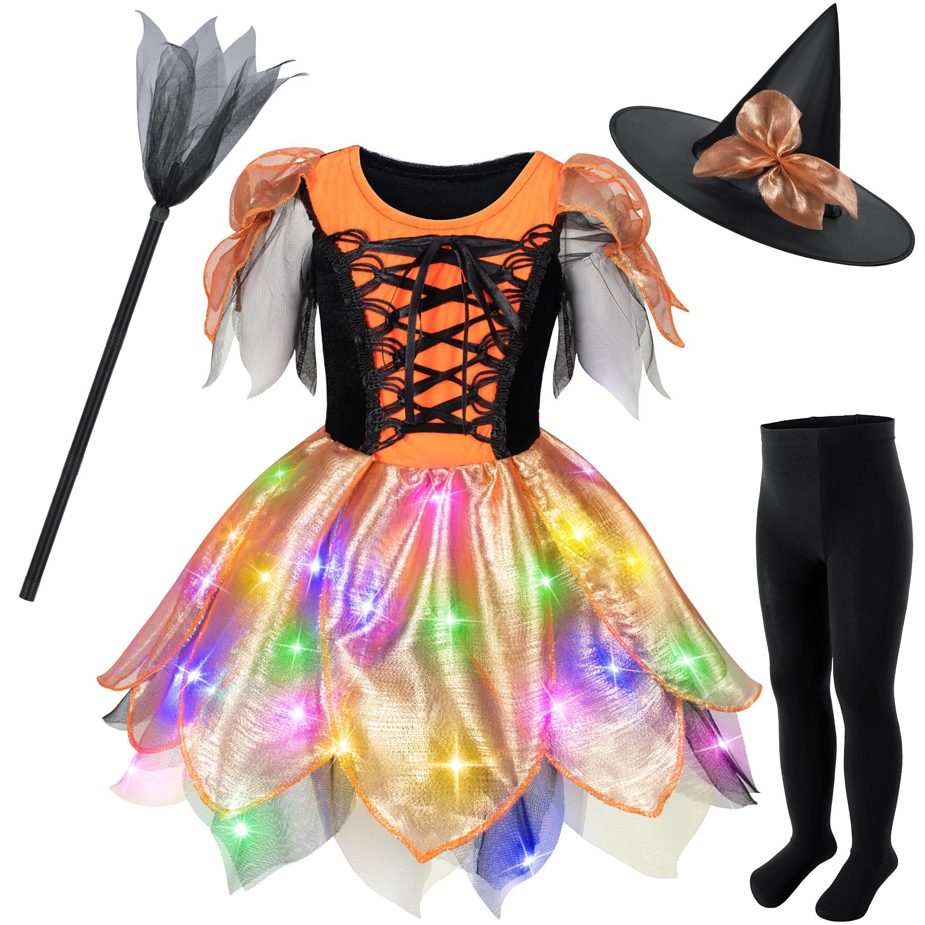 Girls Light-Up Witch Costume for Halloween - Orange&Black Glowing Witch Dress Up Costume Party Set with Broom & Hat & Wand & Bag & Pantyhose 10-12 Years