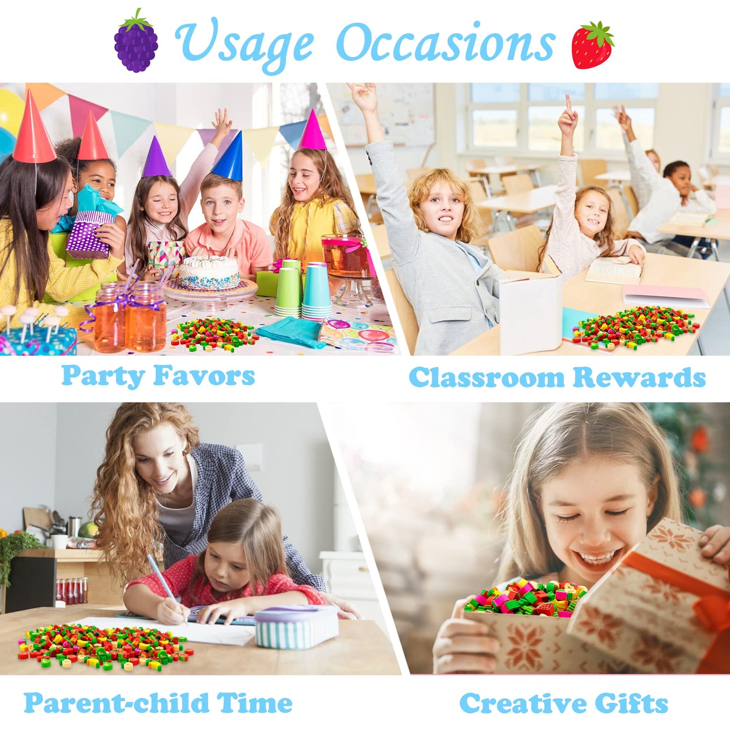 300 Pieces Mini Erasers Assortment Fruit Erasers Kids Pencil Erasers Bulk For Party Favor, Gift Filling, Home School Work Reward