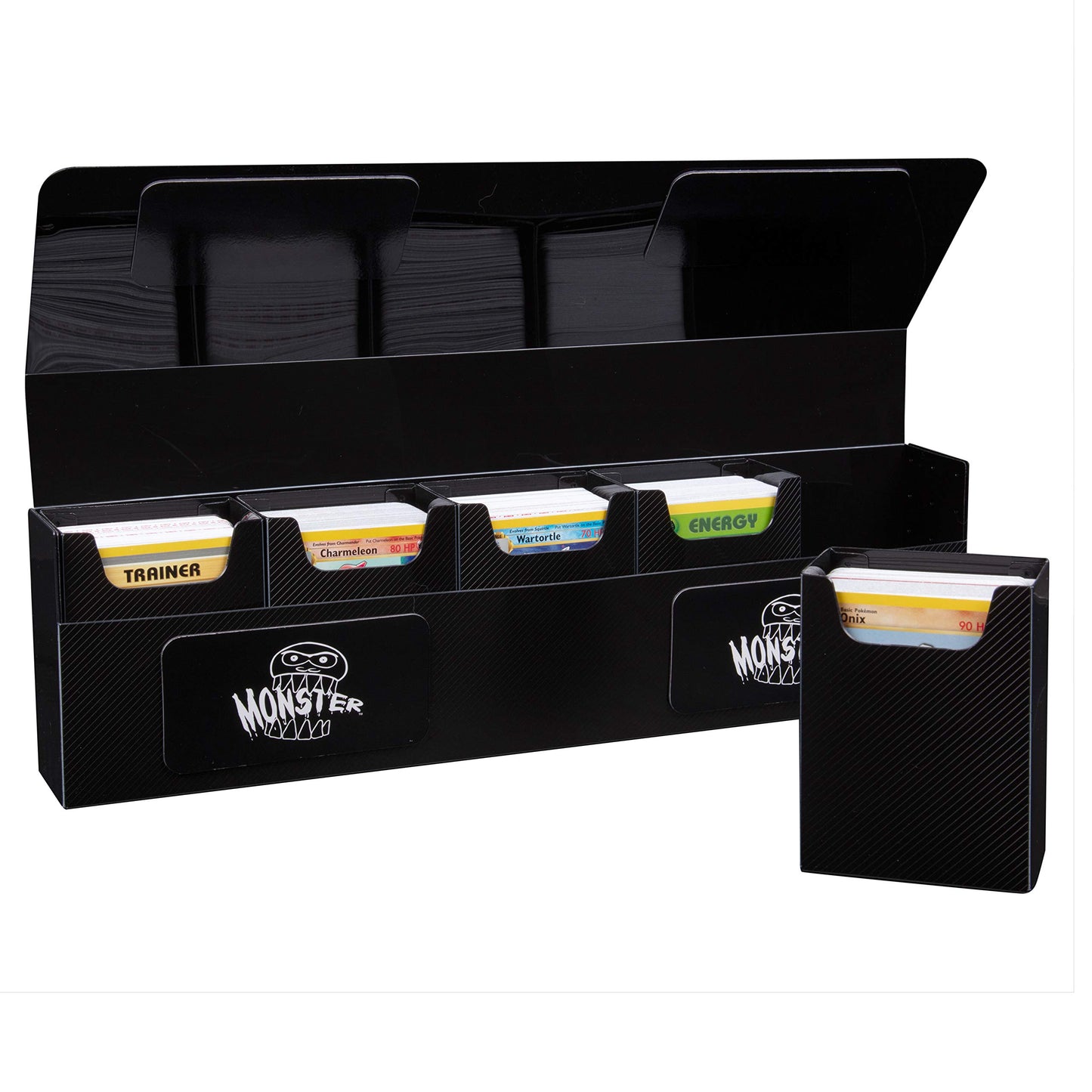 Monster Protectors Magnetic Five Deck Box - Black, Holds 375 Gaming Tcgs, Self-Locking Closure, Compatible W Standard & Smaller Size Gaming Trading Cards, Removable Construction