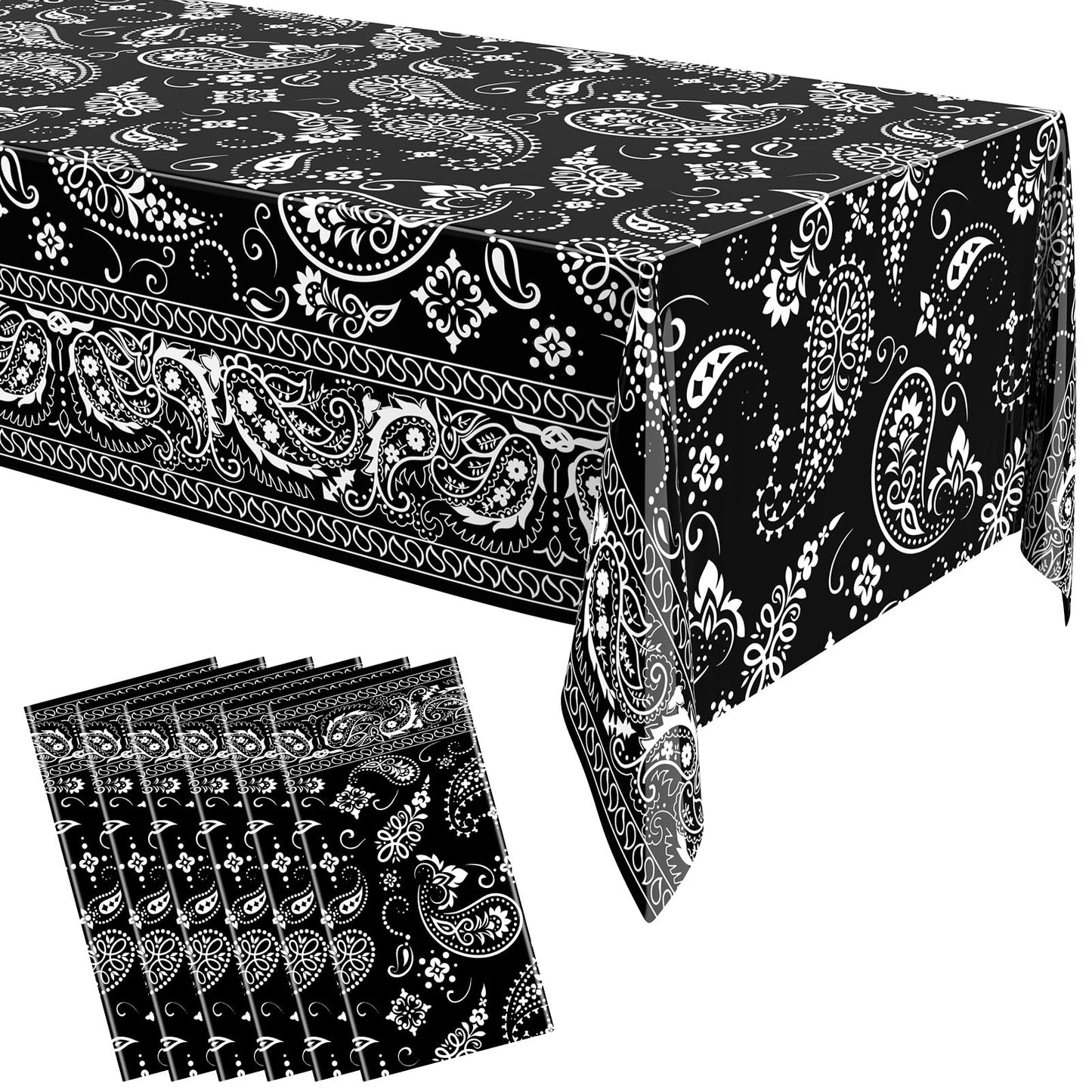 Oudain 6 Pcs Bandana Party Tablecloths,54 x 108 Inch Plastic Western Party Tablecloth, Bandana Paisley Table Cover, Rodeo Table 
