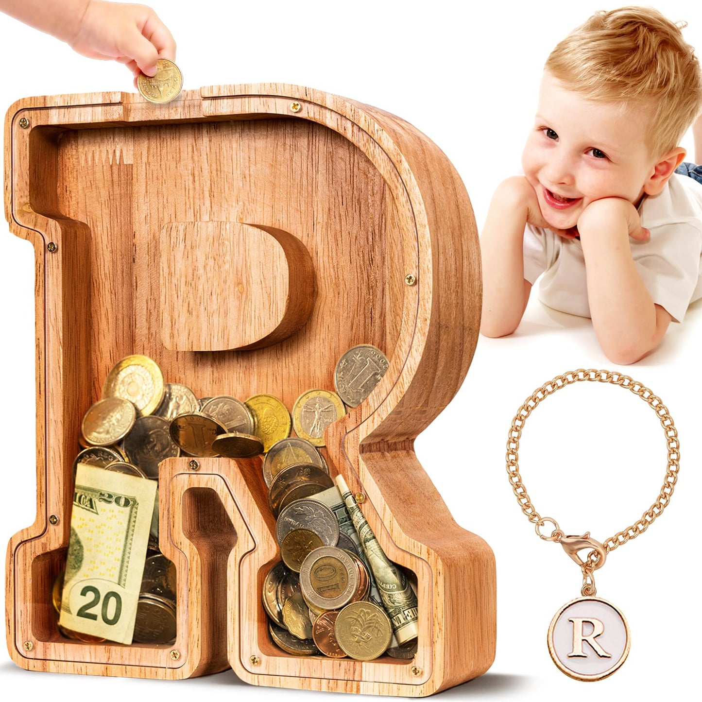 SummiDate Wooden Letter Piggy Bank| Piggy Bank for Boys Girls Toddler| Alphabet R Money Bank| Coin Bank Birthday Gift for Kids|Birthday Gift for Kids (R)