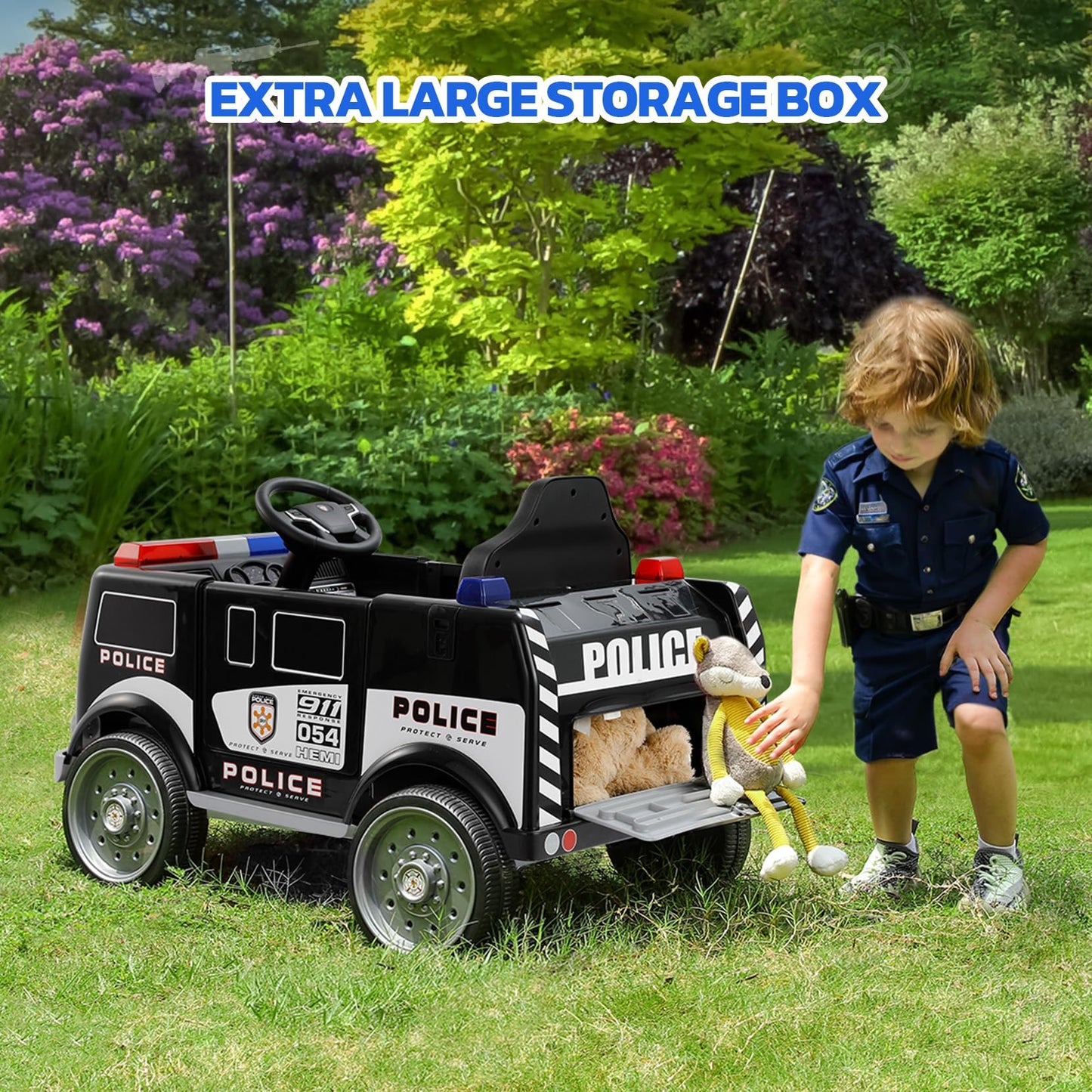 Elemara 12V Ride On Police Car, Electric Ride On Cop Cars For Kids,Battery Powered Ride On Truck, Ride On Toy W/Parent Remote Control,Siren-Call,Walkie-Talkies, Flashing Lights,Bluetooth,Music,Black