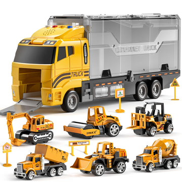 TEMI Construction Truck Toy Set with Play Mat, Carrier Truck Toys for Kids Toddlers, Die-Cast Metal Toy Car Set, Truck Car Kids 