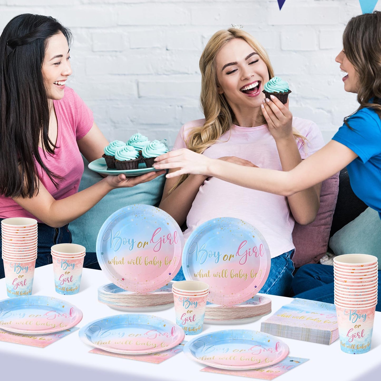 Hushee 200 Pcs Gender Reveal Baby Shower Paper Plates Napkins Cups Baby Shower Party Supplies Tableware Set Disposable Cup Napki
