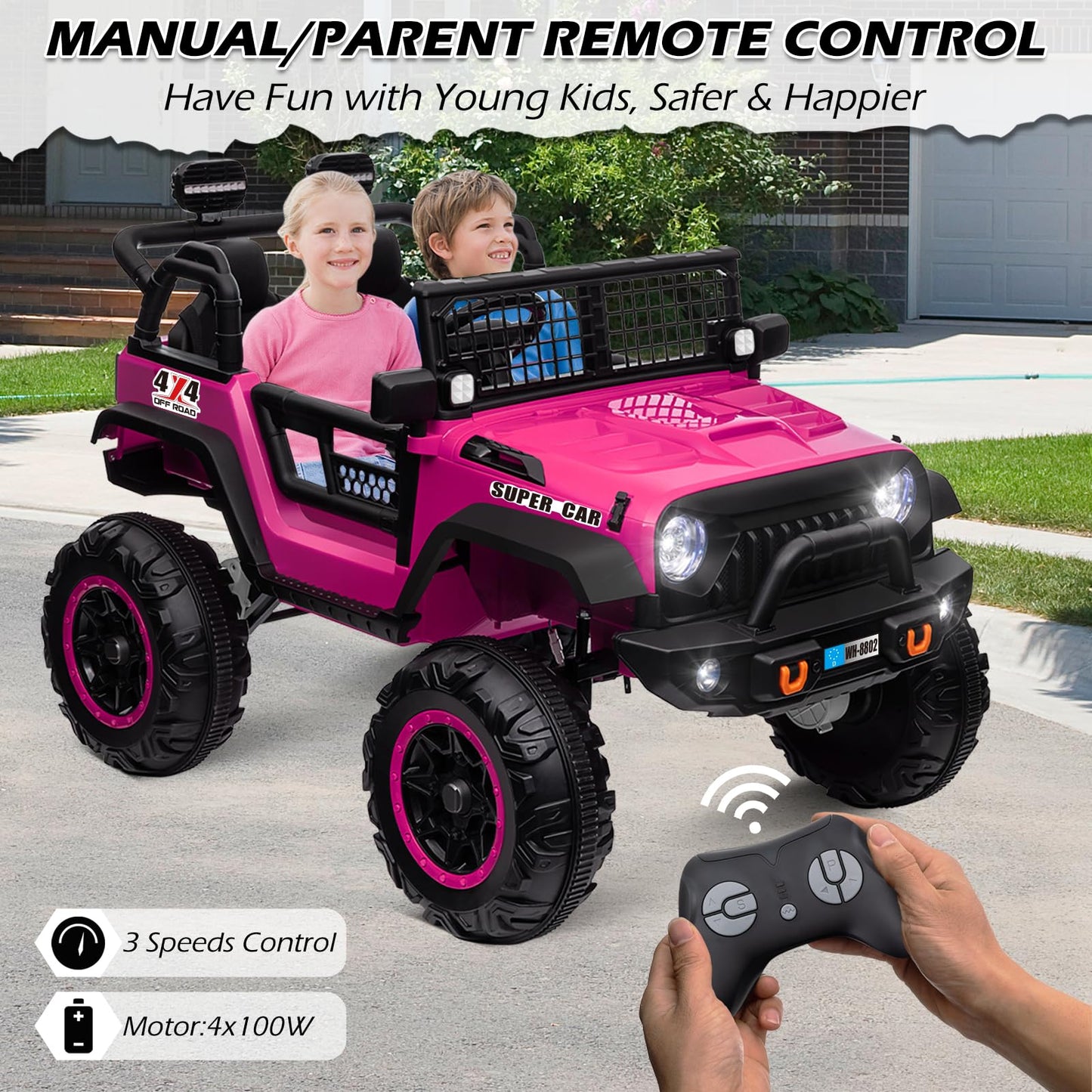 OTTARO 24V 4WD/2WD Switchable Ride on Cars, 2 Seater Kids Electric Vehicle Truck with 20 Inch Seater, 4x100W Motors, 4 Shock Abs