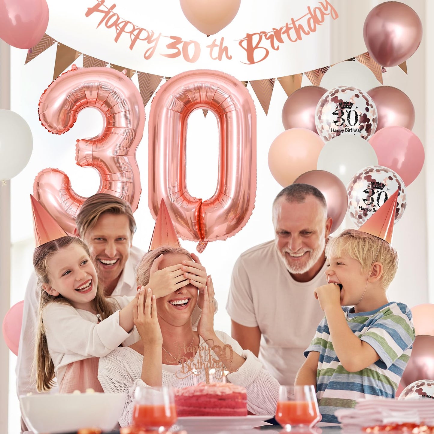 30Th Birthday Decorations Retro Pink Rose Gold,30Th Birthday Balloons,Happy 30Th Birthday Banner With Cake Toppers Rose Gold Num