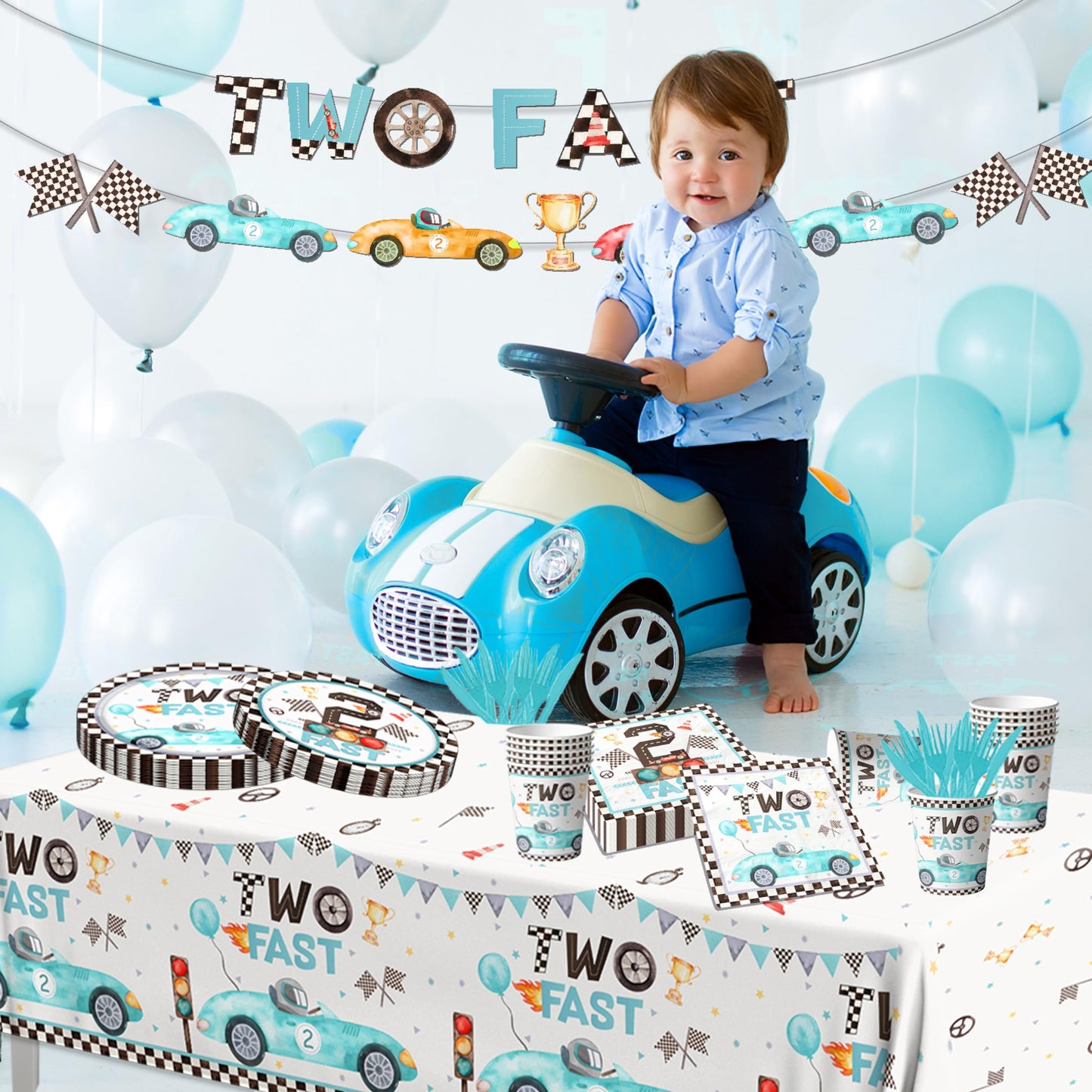 142Pcs Two Fast Birthday Party Tableware Decorations For Boys Blue Race Car Checkered Flags Racing Wheel Disposable Plates,Table