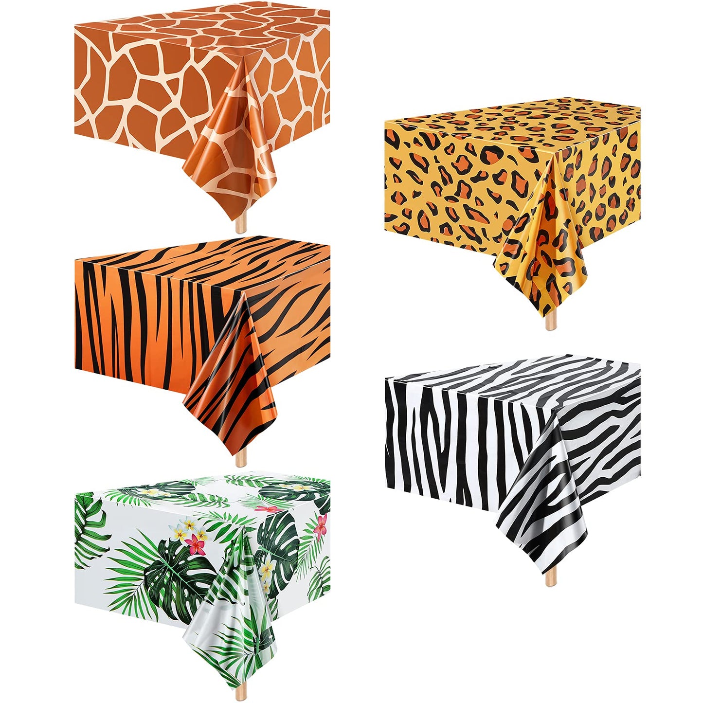 Animal Safari Tablecloth Jungle Animal Theme Tablecover Tiger Zebra Giraffe Print Table Cover Tropical Leaf Tablecloth Party Supplies For Jungle Safari Birthday Baby Showers (Greenery Style, 5 Pcs)
