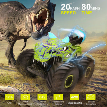 Onadrive Remote Control Dinosaur Car Toys for Kid Boys, 2.4GHz RC Monster Truck Toys with Spray, Light, Sound, All Terrain Recha