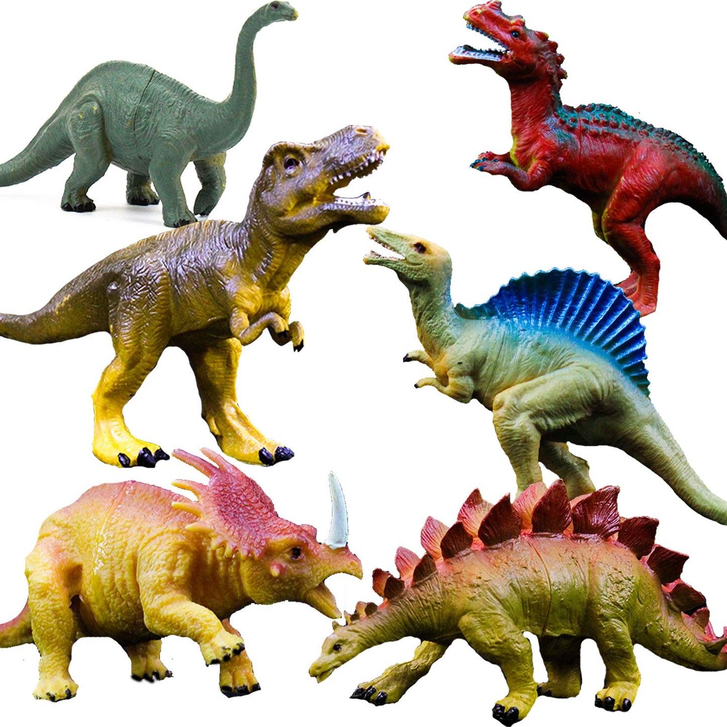 OuMuaMua Dinosaur Toys Set - 6 Plastic Figures (T-Rex, Stegosaurus) - 7 Inch Size - Mixed Colors - Ideal for Kids Educational Play