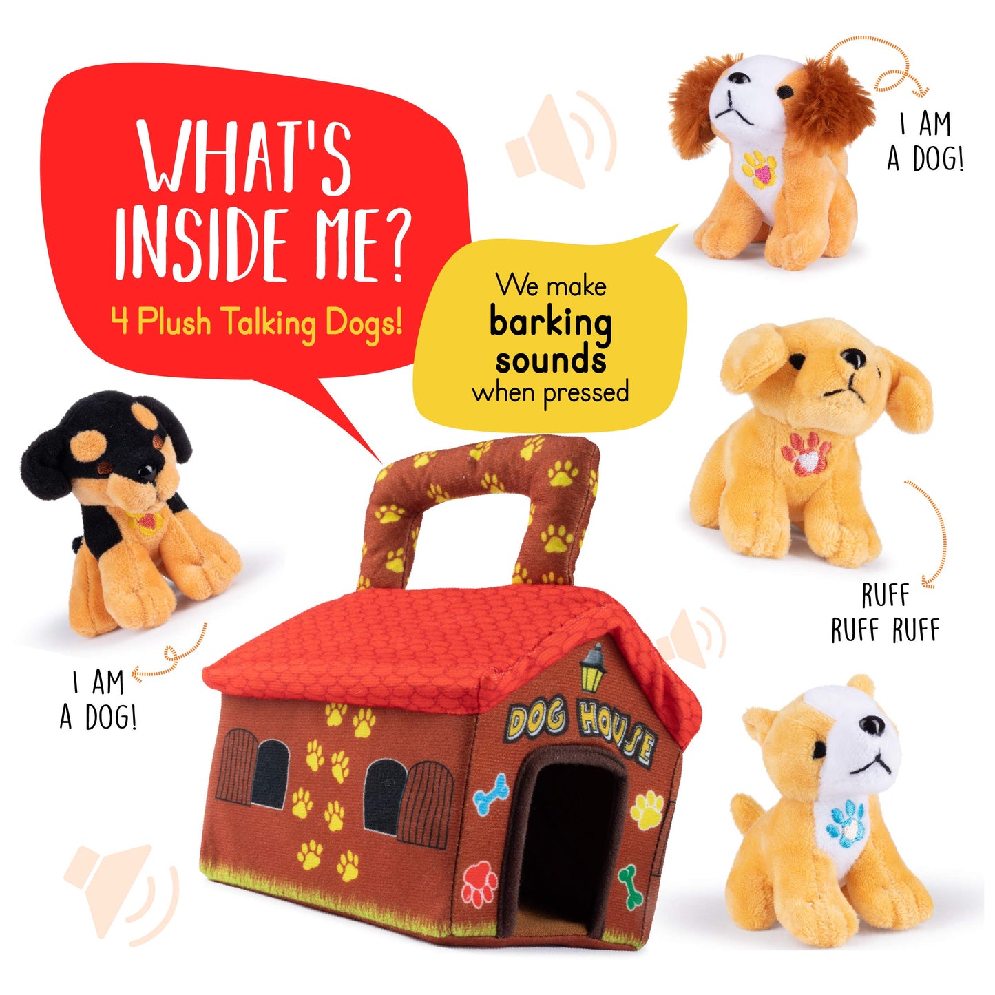 Plush Creations Talking Plush Dog House Carrier With 4 Soft & Cuddly, Talking & Barking, Stuffed Plush Dogs. Excellent Interacti