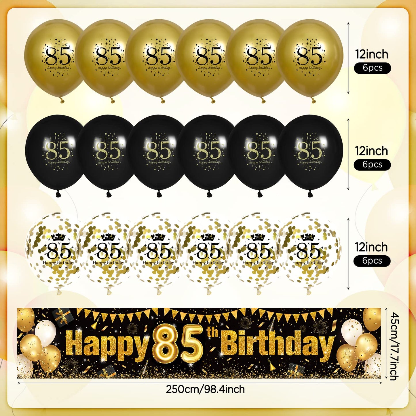 Black Gold 85Th Birthday Decorations For Men Women, Black And Gold Birthday Yard Banner Sign And 18 Pcs 85Th Happy Birthday Balloons For 85Th Anniversary Birthday Party Supplies Outdoor Yard Decor