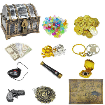 177 Pieces Kids Pirate Treasure Chest Treasure Hunt Kit Lockable Vintage Pirate Treasure Chest Toy Set Gold Plastic Compass Pira