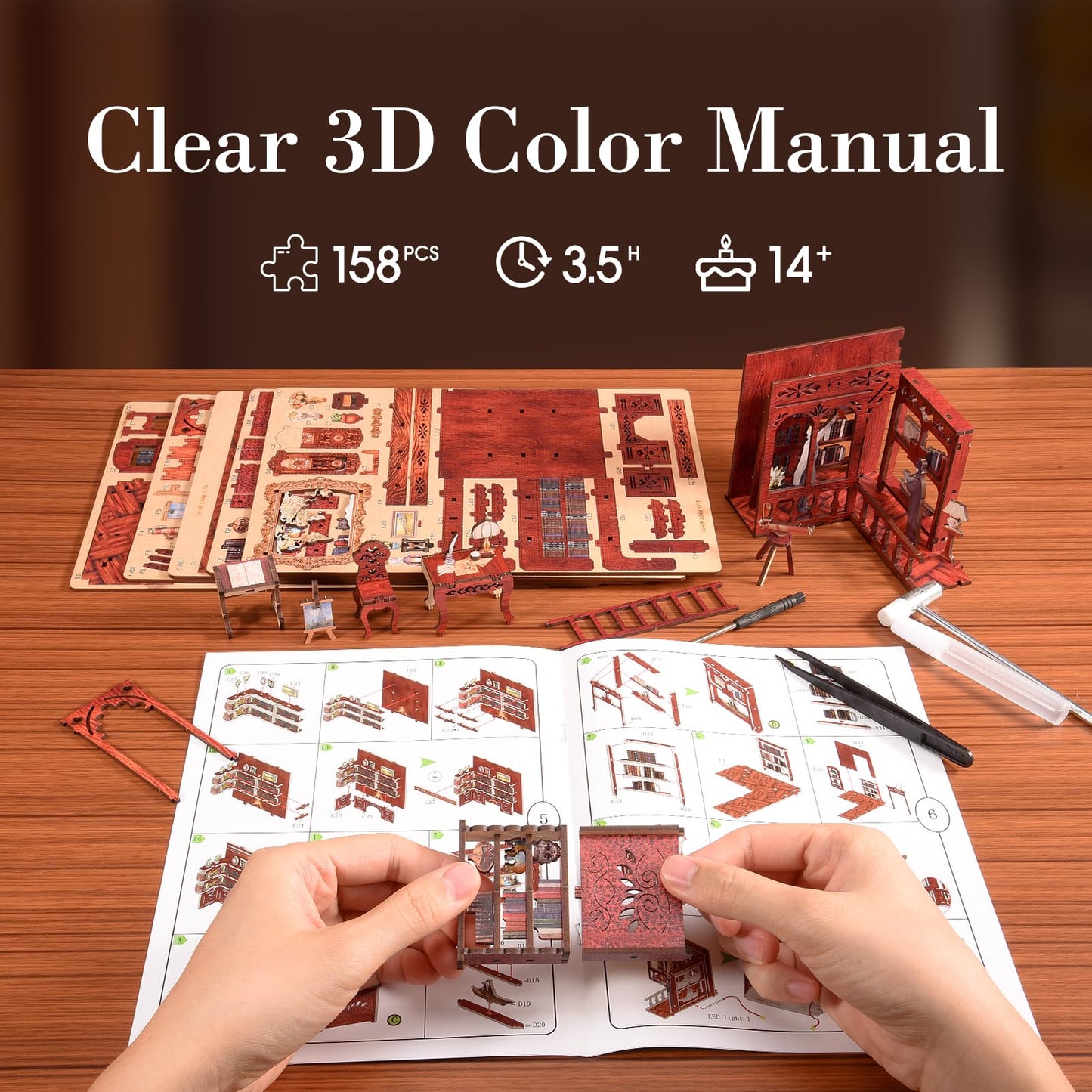 Diy Book Nook Kit With Led Light - 3D Wooden Puzzle Miniature House Dollhouse Kit For Bookshelf Insert Decoration, Perfect Booke