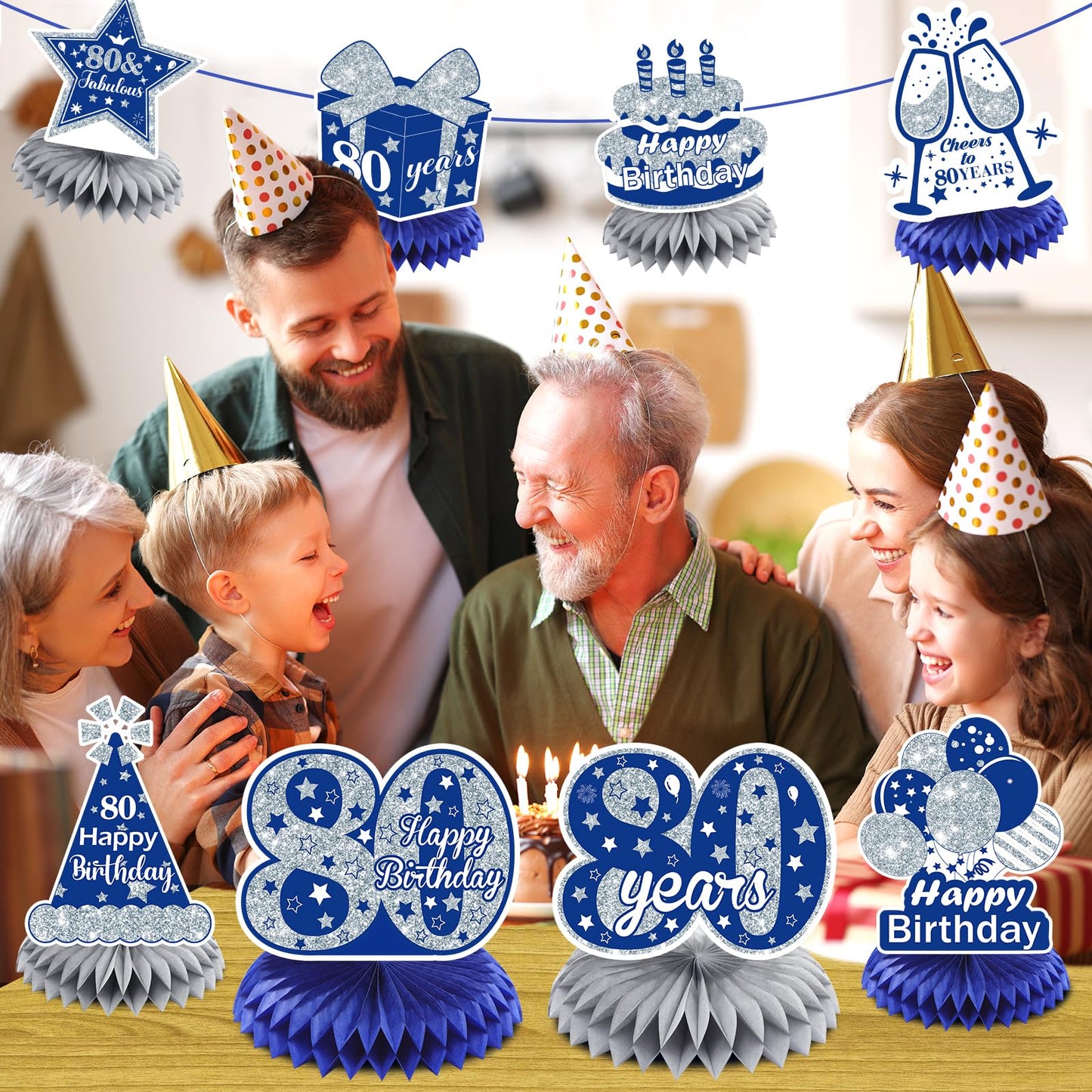 8Pcs Blue 80Th Birthday Decorations Navy Blue Silver Happy 80Th Birthday Table Honeycomb Centerpieces For Table Decor 80Th Birthday Table Topper For Men Women 80Th Birthday Anniversary Party Supplies