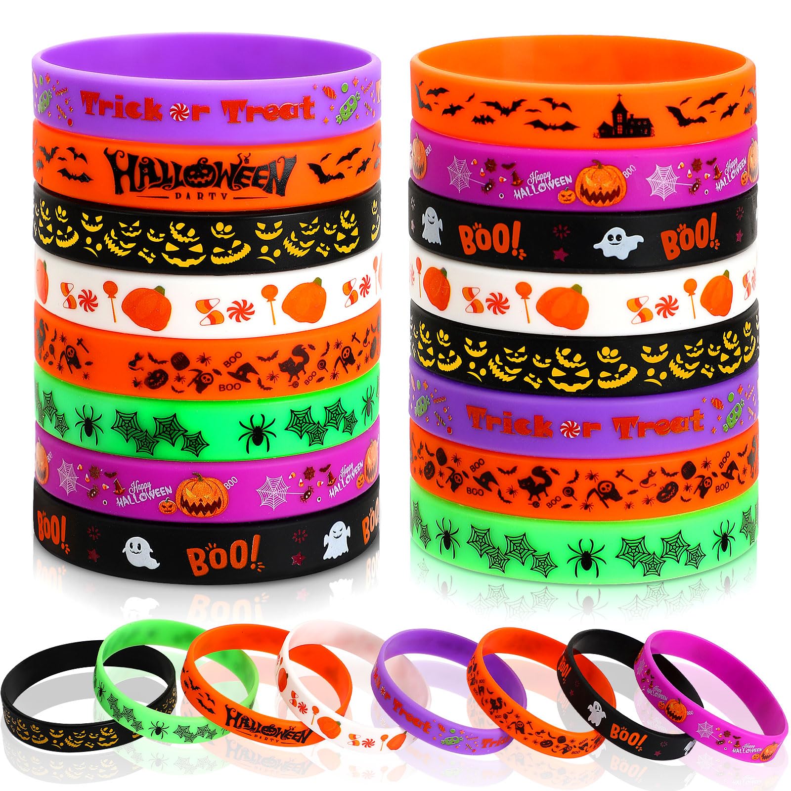 JUNEBRUSHS Halloween Party Favors, 24pcs Halloween Silicone Bracelets Rubber Wristbands for Halloween Party Decorations Trick or