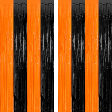2 Pack Halloween Photo Backdrop, 3.28 FT x 7.05 FT Orange and Black Party Streamer, Metallic Foil Fringe Curtains Tinsel Backdro