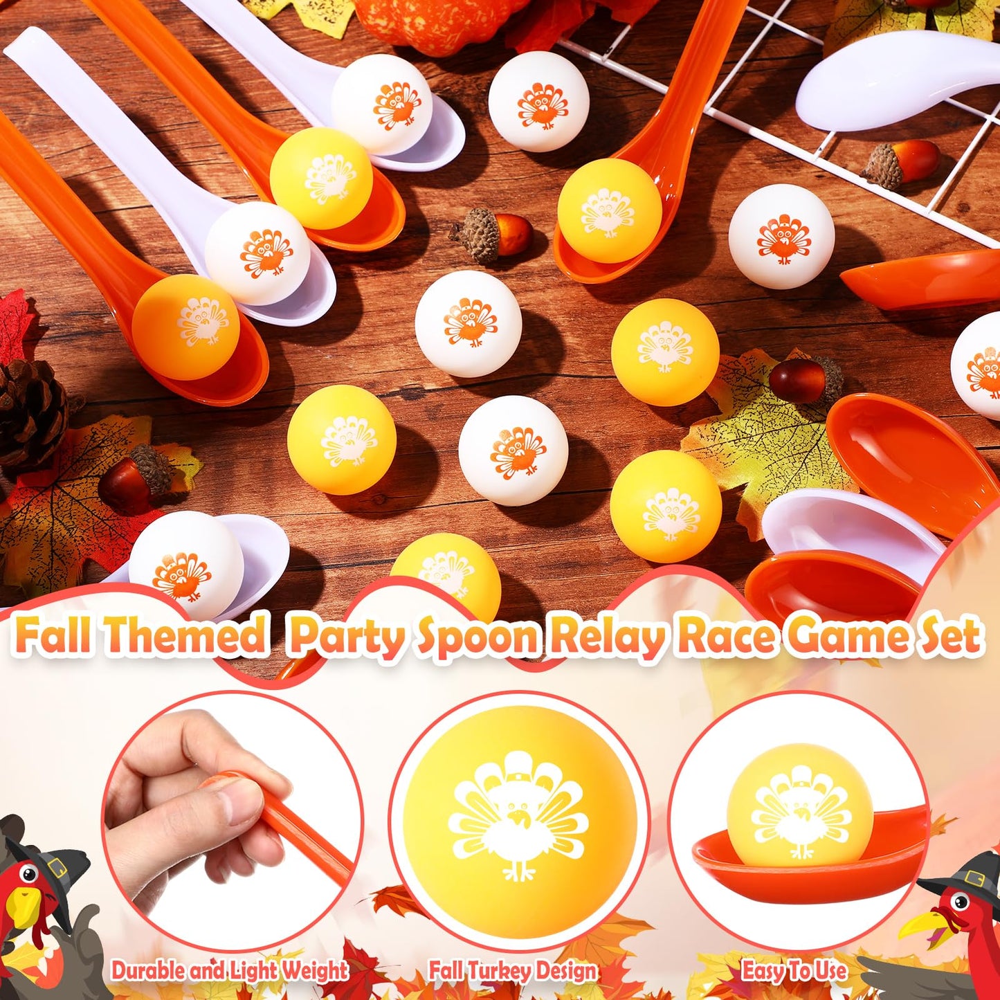 JellyArch 48 Pcs Autumn Thanksgiving Party Game Spoon Relay Race Toy Set, Pumpkin Maple Leaves Fall Themed Ball and Spoon Race G