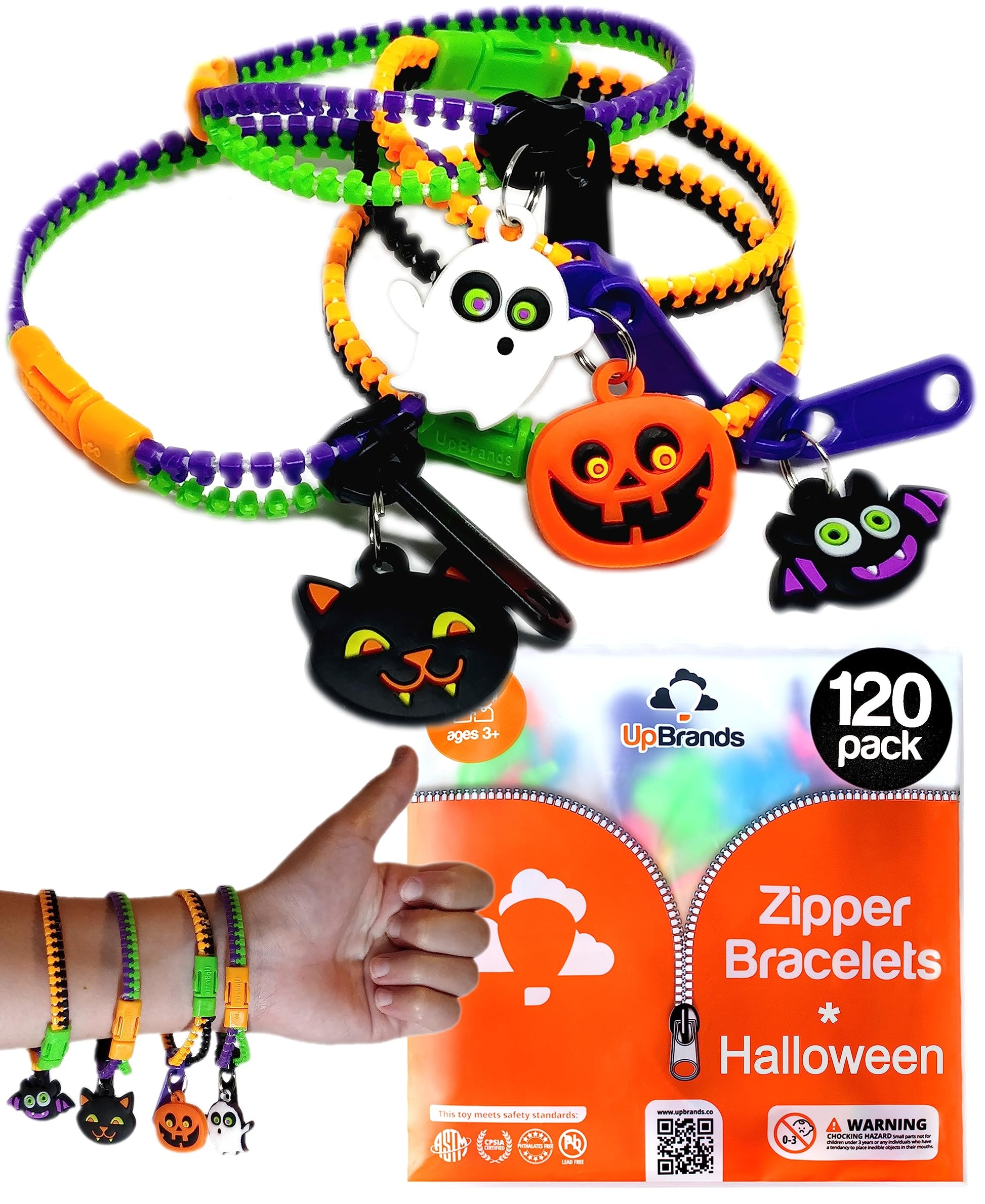 UpBrands 120-Pack Halloween Fidget Zipper Bracelets - Bulk Party Favor Toys for Kids, School Goodie Bags & Giveaways, Pinata Fil