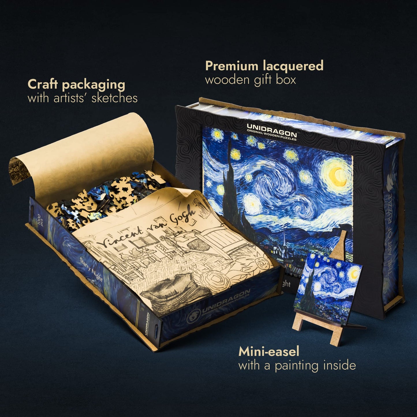 Unidragon Wooden Jigsaw Puzzle Art Collection - Starry Night Van Gogh, 1000 Pcs, 17.40'' ?22, Beautiful Gift Package, Unique Sha
