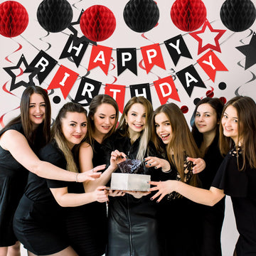 Meowtastic Birthday Decorations, Happy Birthday Banner With Honeycomb Balls, Star Hanging Swirl Streamers, Circle Dots Garland, Happy Birthday Party Decorations For Women Men Boys Girls (Red & Black)