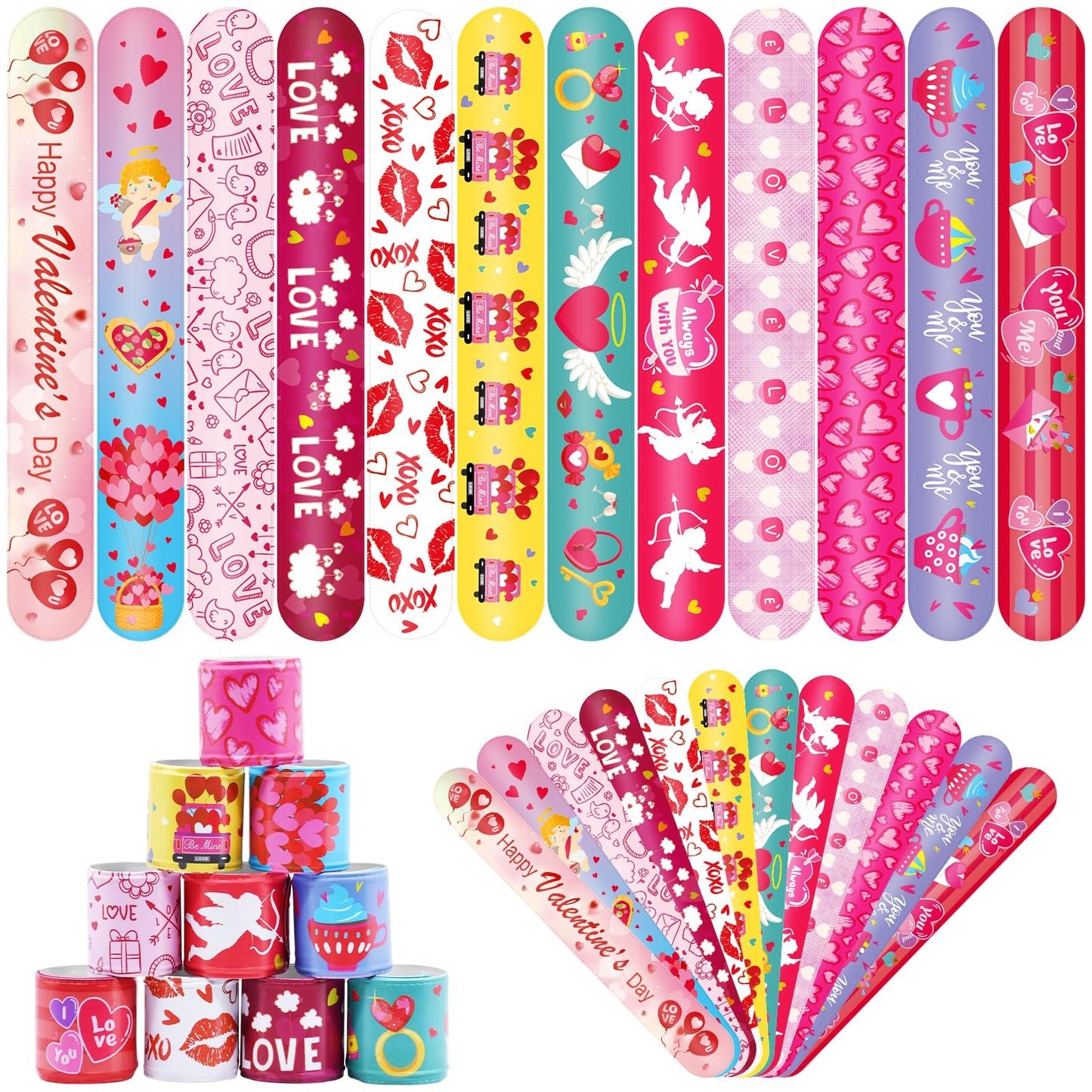 48 Pieces Valentine's Day Slap Bracelets Bulk Party Favors for Kids - 12 Designs Love and Hearts Snap Bands, Classroom Exchanges