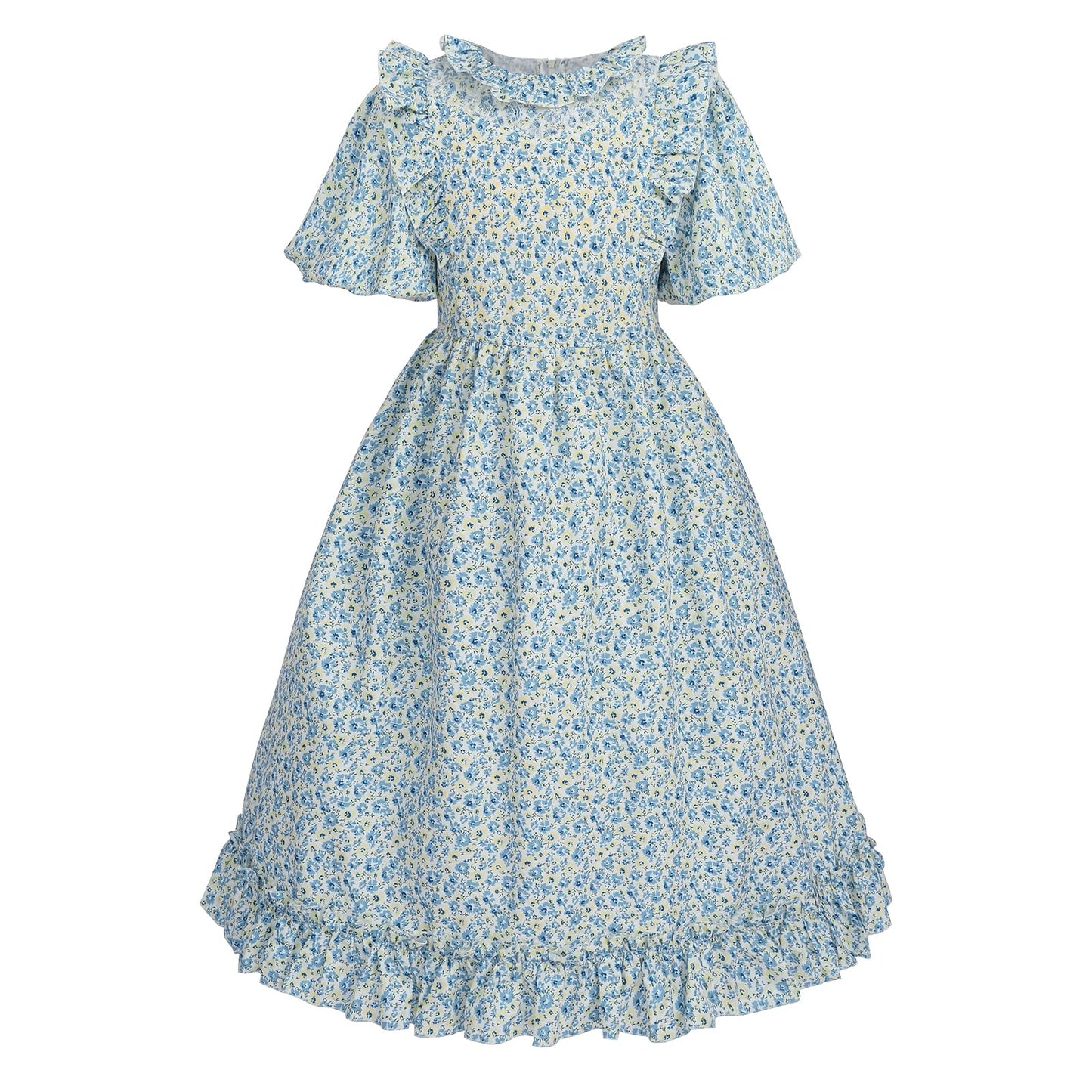 LTAKK Pioneer Dress Girls Colonial Costume Prairie Pilgrim Girl Dresses with Pinafore, Yellow Blue, Medium, age over 4 years old