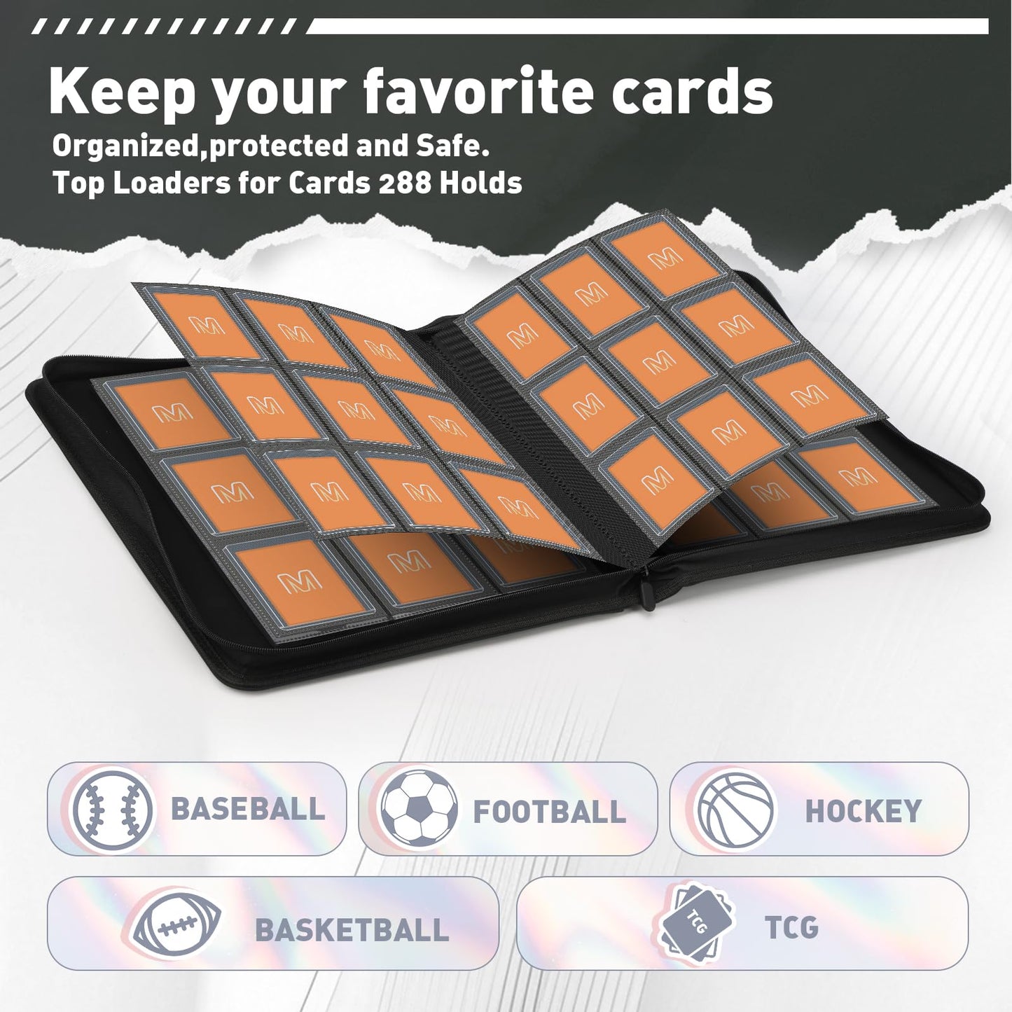 Toploader Binder Trading Card Binder Storage Hold up 288 Cards 9-Pocket Top Loader Binder with Sleeves for 3x4 Rigid Toploaders Hard Cases (9Black)