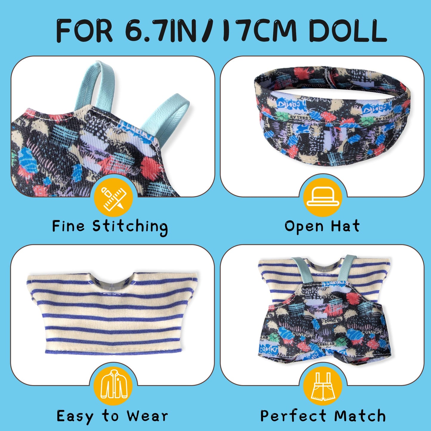 Clothes for 6.7in/17cm Doll  Set of 4 Cute Doll Accessories Includes Doll Hat+T-Shirt+Bib Pants+Shoes Set enhanced Fashion Outfit for Collectors Unique Gift (Style B2)