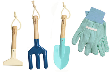Kinderific Gardening Set for Kids - Tool Kit with Tote Bag, Spade, Watering Can, Rake, Fork, Trowel & Gloves - Blue - Model KM1GS06Y