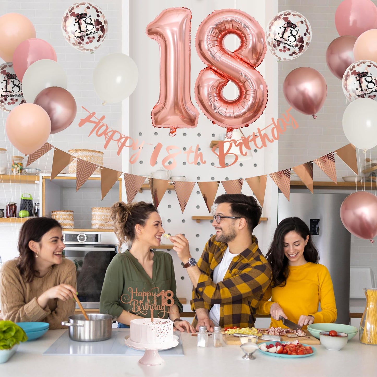 18Th Birthday Decorations Retro Pink Rose Gold,18Th Birthday Balloons,Happy 18Th Birthday Banner With Cake Toppers Number 18 Bal