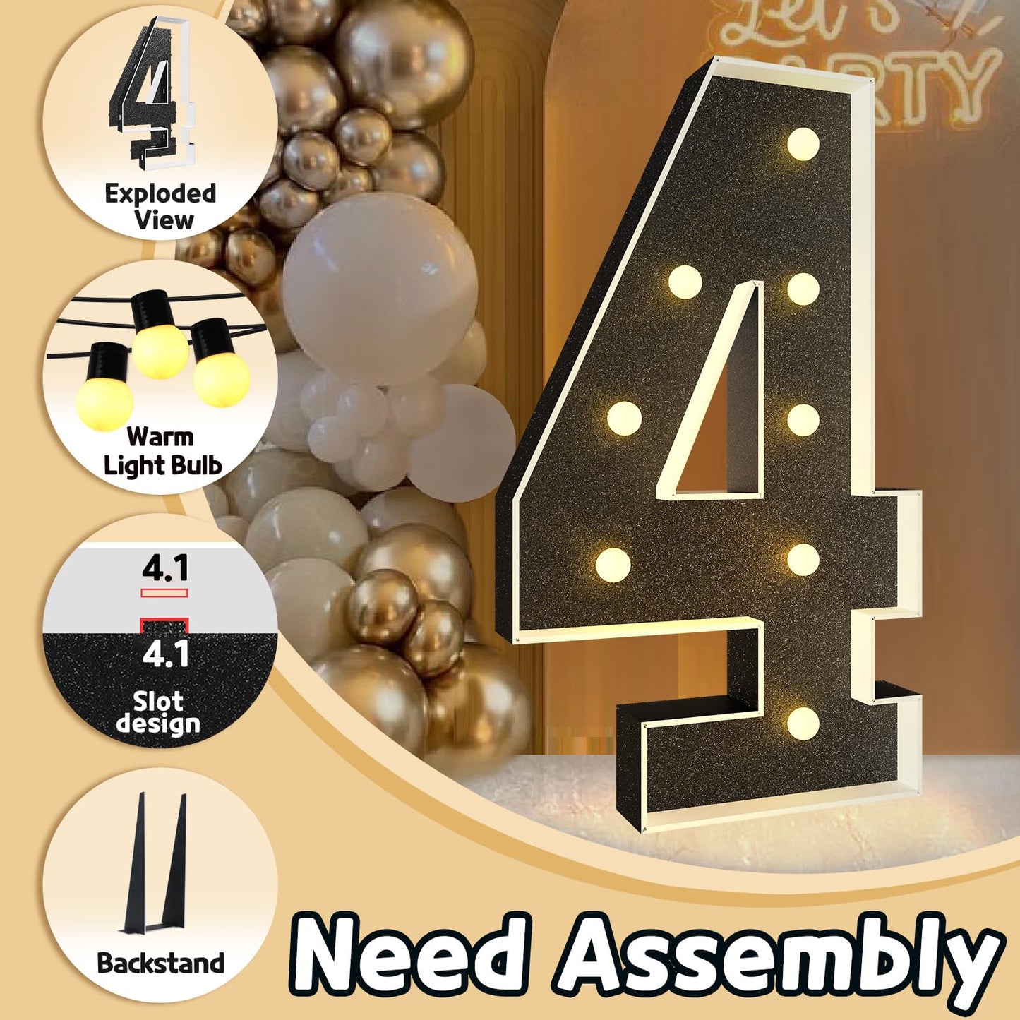Imprsv Marquee Numbers Black 3Ft: Black Party Decor - Light Up Number 4 Large 3 Feet Tall - Birthday Decorations For Him Her 4Th