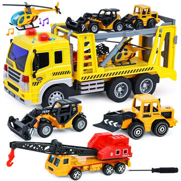 LovesTown 5PCS Construction Truck Toy Set, Large Truck with Lights and Sounds and Small Die-cast Engineering Trucks Helicopter S