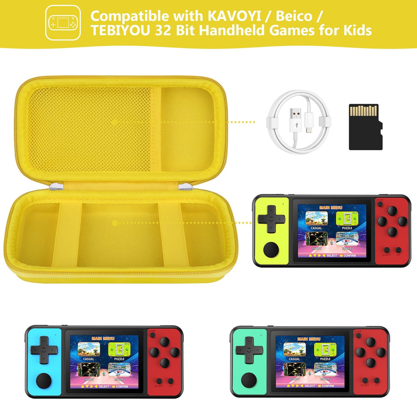 Supmay Carrying Case Compatible with KAVOYI/Beico/TEBIYOU 32 Bit Handheld Games for Kids  Portable Arcade Gaming Player Storage Holder Travel Bag with Mesh Pocket for Battery  USB Cable  Yellow