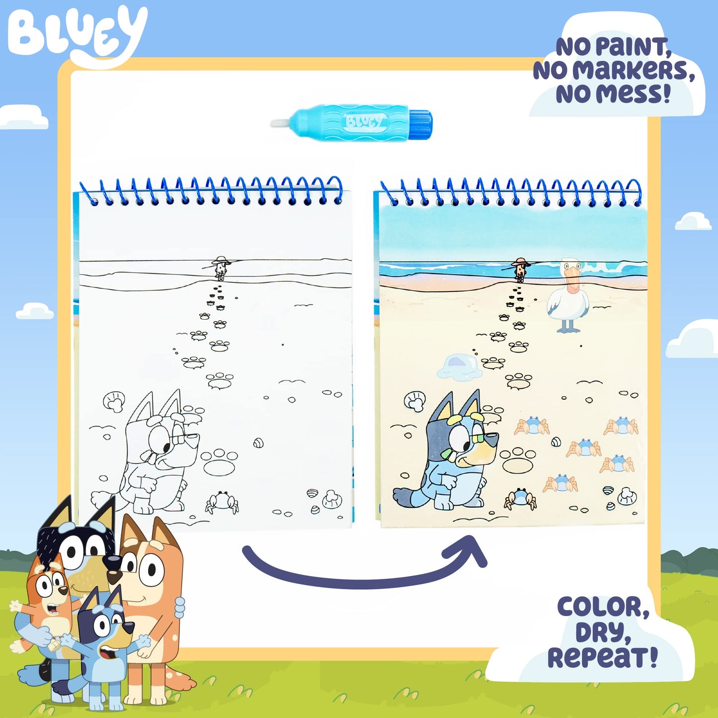 Horizon Group USA Aqua Art - Reusable Water Reveal Pages, 6"x9", Bluey, Model 214736, No-Mess Drawing and Coloring