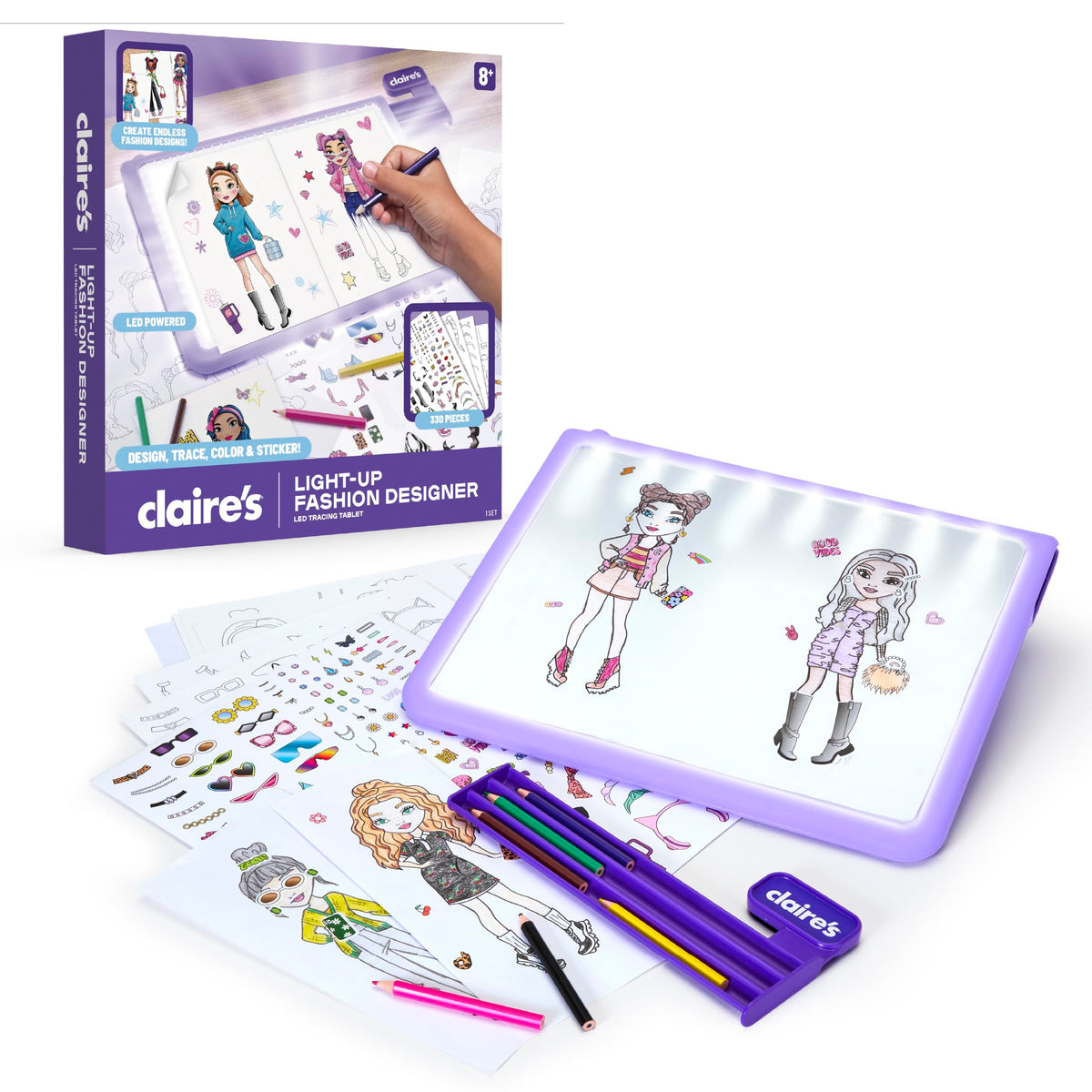 Claires LightUp Fashion Designer LED Drawing Tablet  330Piece Design Kit with Templates, Stickers, Paper and Hidden Pencil S