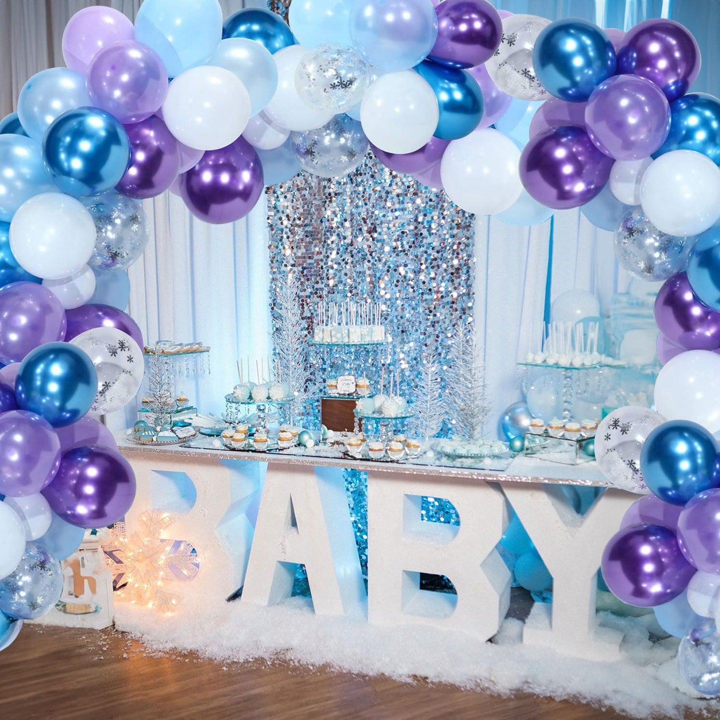 Frozen Balloons Set, 12 Inch Metallic Blue Purple Balloons Snowflake Confetti Latex Balloons Metallic Silver Helium Balloon Gril