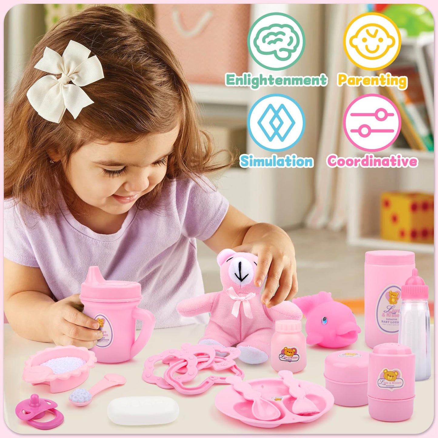 deAO 40 Piece Baby Doll Accessories Set - Feeding, Clothes, Bath Toys, Medium Fabric - Nurturing Pretend Play for Kids