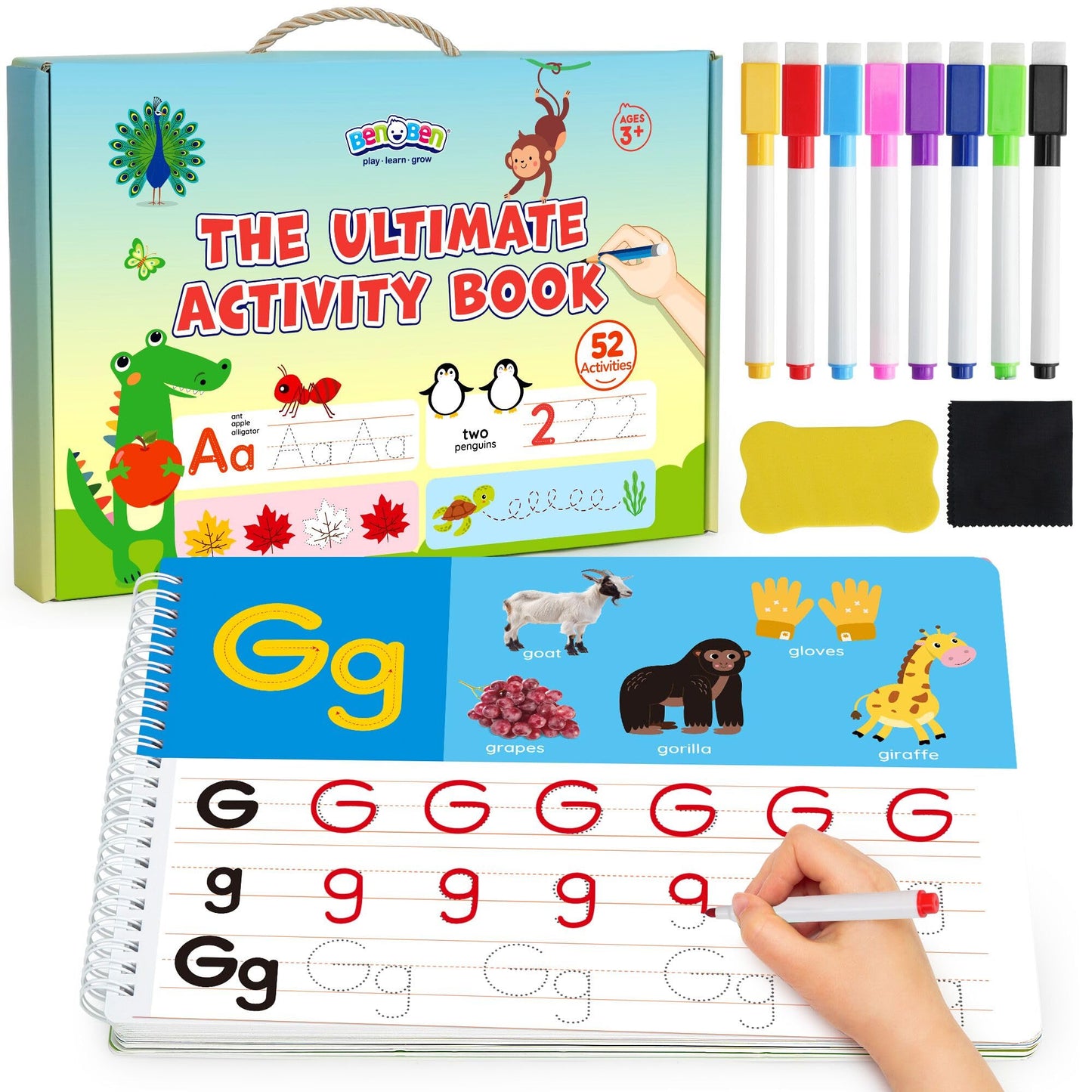 BenBen Preschool Learning Activities, 52 Pages, Tracing Books for Kids Ages 3-5, Kindergarten Workbooks, Toddler Writing Practic