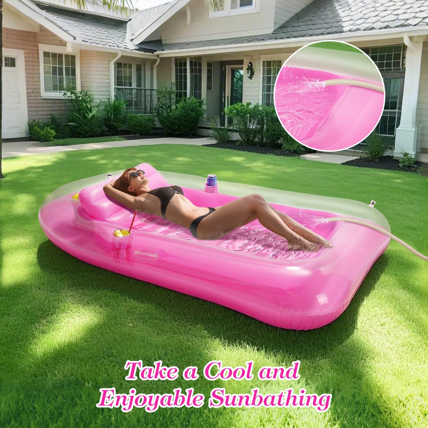 MoKo Inflatable Tanning Pool Lounge Float  Pool Floats mature-themed Boat with Ice Bar and Cup Holders  78 x 49 Large Suntan Tub Raft Floaties  Tanning Pool with Pillow for mature-themed Summer Water Party  Pink
