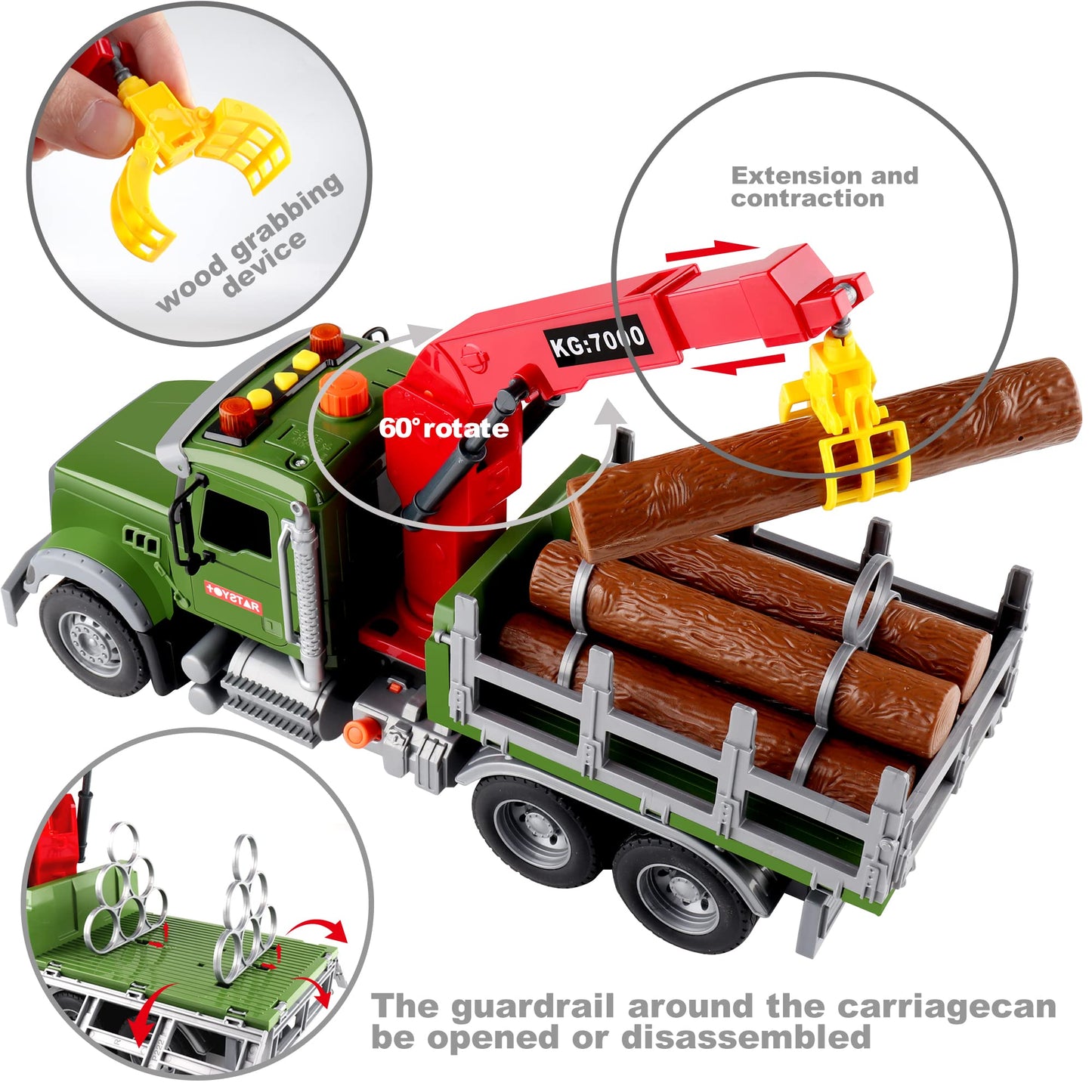 Dwi Dowellin Kids Toys for 3 4 5 6 7 Years Old Boys,15'' Large Timber Truck with Loading Crane and 6 Trunks,Birthday Gifts for B