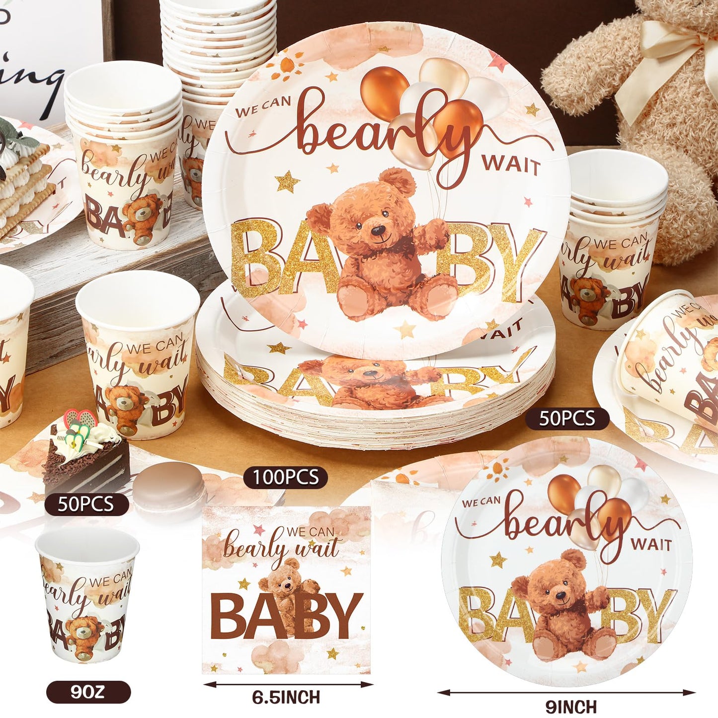 Hushee 200 Pcs Brown Bear Baby Shower Paper Plates Napkins Cups Baby Shower Party Supplies Tableware Set Brown Bear Disposable C