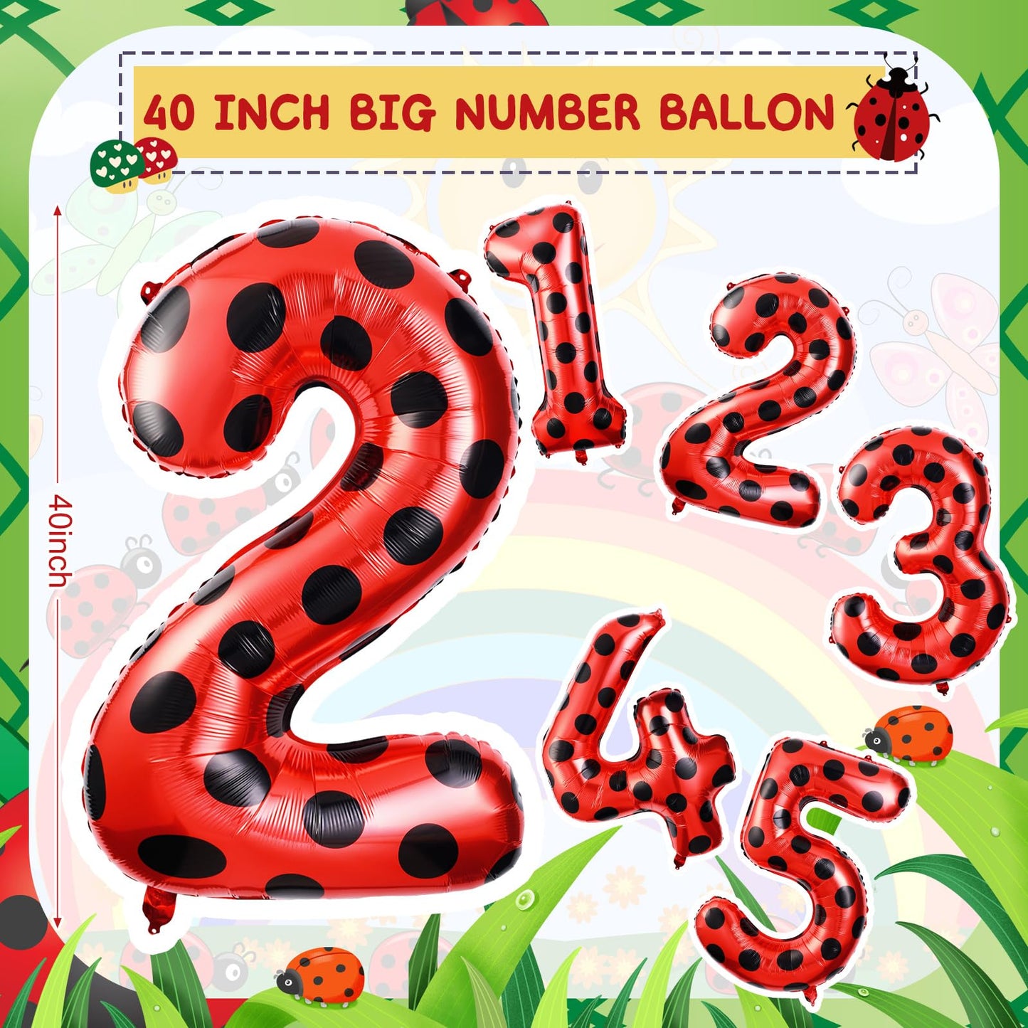 Lunmon 40 Inch Ladybug Large Number 2 Balloon 40 Inch Ladybug Balloon Birthday Decorations Supplies Black Red Polka Dots Ladybir