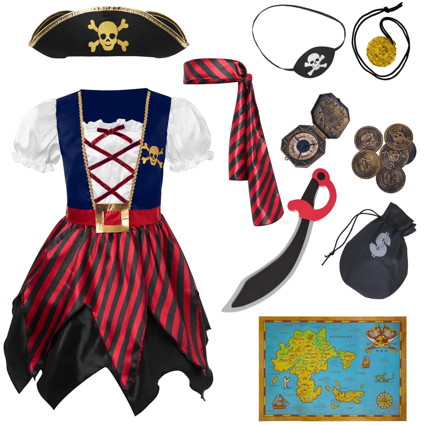 Spooktacular Creations Halloween Kids Pirate Costume  Blue Pirate Dress for Girls  Buccaneer Princess Outfit for Girls Halloween Dress Up  RolePlay Themed Party (Large  10-12 yrs)