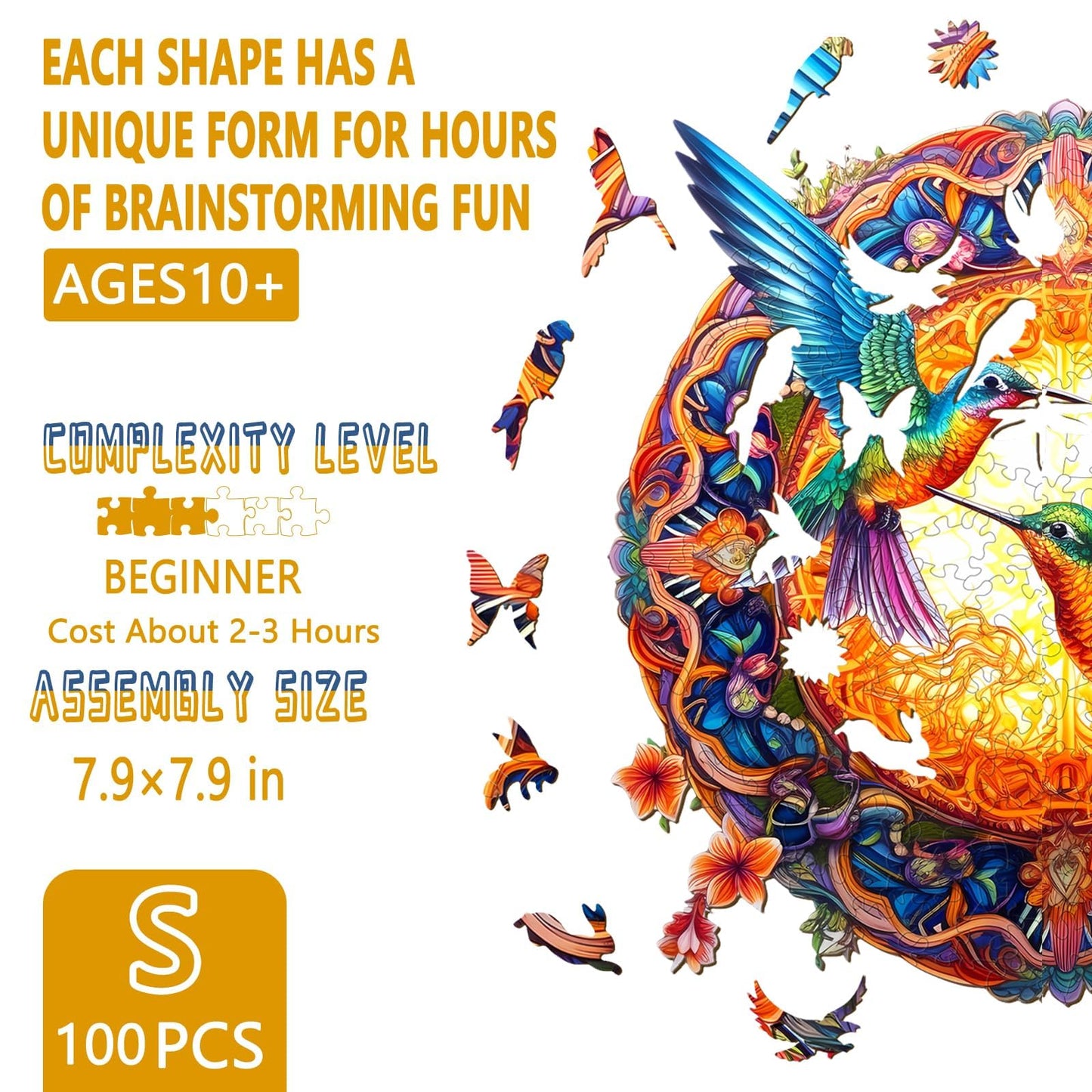 Wooden Puzzles for mature-themeds - Hummingbird Wooden Puzzle  Mandala Unique Shaped Wooden Jigsaw Puzzles for mature-themeds  Wood Puzzles mature-themed  Perfect for Birthday Gift  Family Game  100 Piece 7.9 x 7.9in