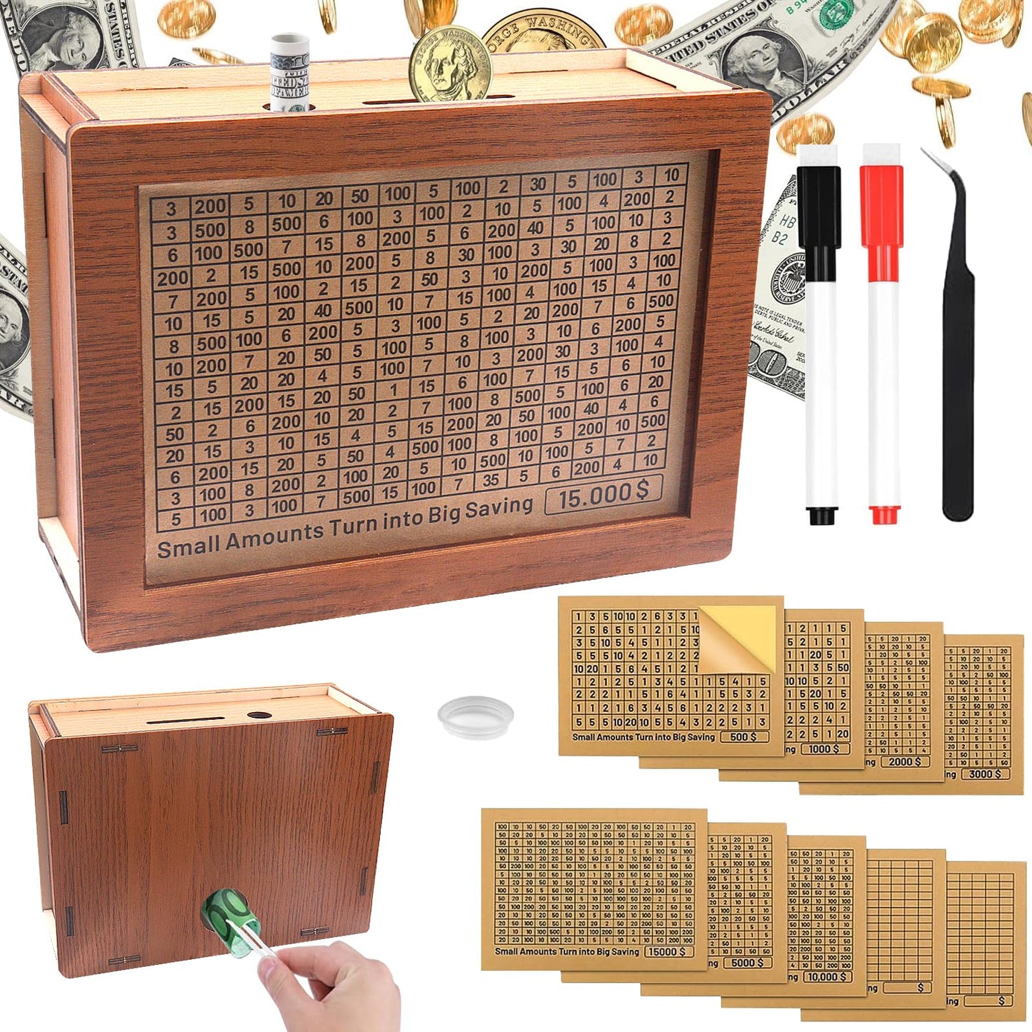 Cash Vault Wooden Savings Box 10000 5000 15000 3000 2000 1000 500 Cash Box With 2 Blank Savings Tracker, Official Save Box $1000