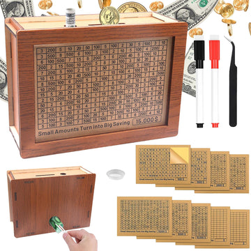 Cash Vault Wooden Savings Box 10000 5000 15000 3000 2000 1000 500 Cash Box With 2 Blank Savings Tracker, Official Save Box $1000