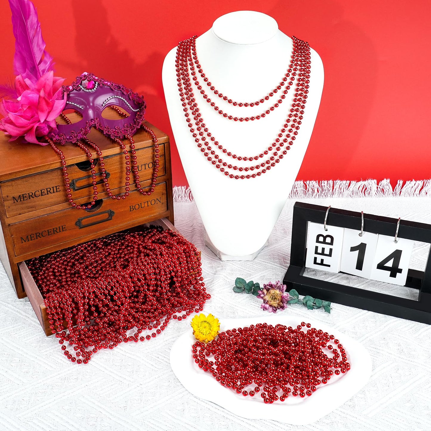 12 PCS Red Mardi Gras Beads, Red Beads Necklaces Christmas Necklaces 33'' Metallic Beaded Costume Necklaces Party Necklaces for