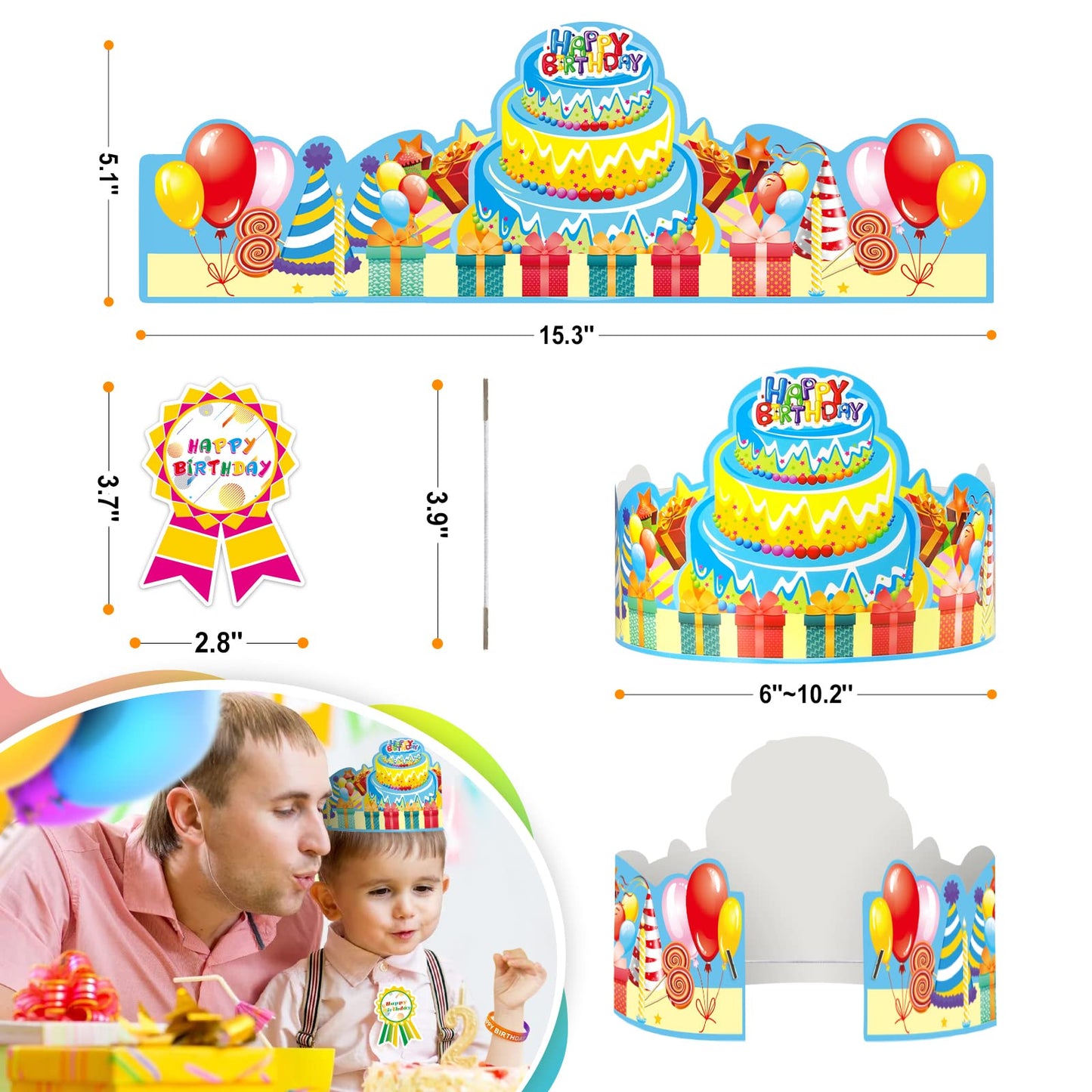 90 Pcs Happy Birthday Kits for Kids Classroom, Include Happy Birthday Crowns, Silicone Stretches, Badge Stickers, Students Kinde