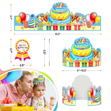90 Pcs Happy Birthday Kits for Kids Classroom, Include Happy Birthday Crowns, Silicone Stretches, Badge Stickers, Students Kinde